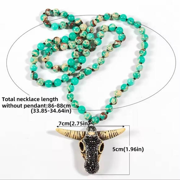 Lapis Lazuli Bull Skull Long Knitted Necklace FINE CRAFTMANSHIP - Picture 3 of 3